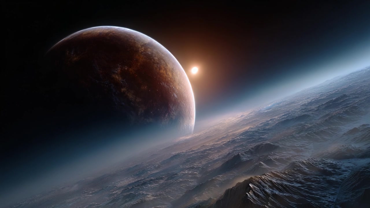 A Breathtaking View of an Exoplanet with Shining Star and Dramatic Terrain at Dusk, Capturing the Majestic Beauty of Outer Space and Its Mysteries