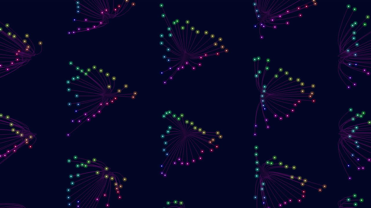 Striking symmetrical star-like pattern colorful dots connected by lines on dark background