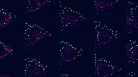 striking symmetrical star-like pattern colorful dots connected by lines on dark background