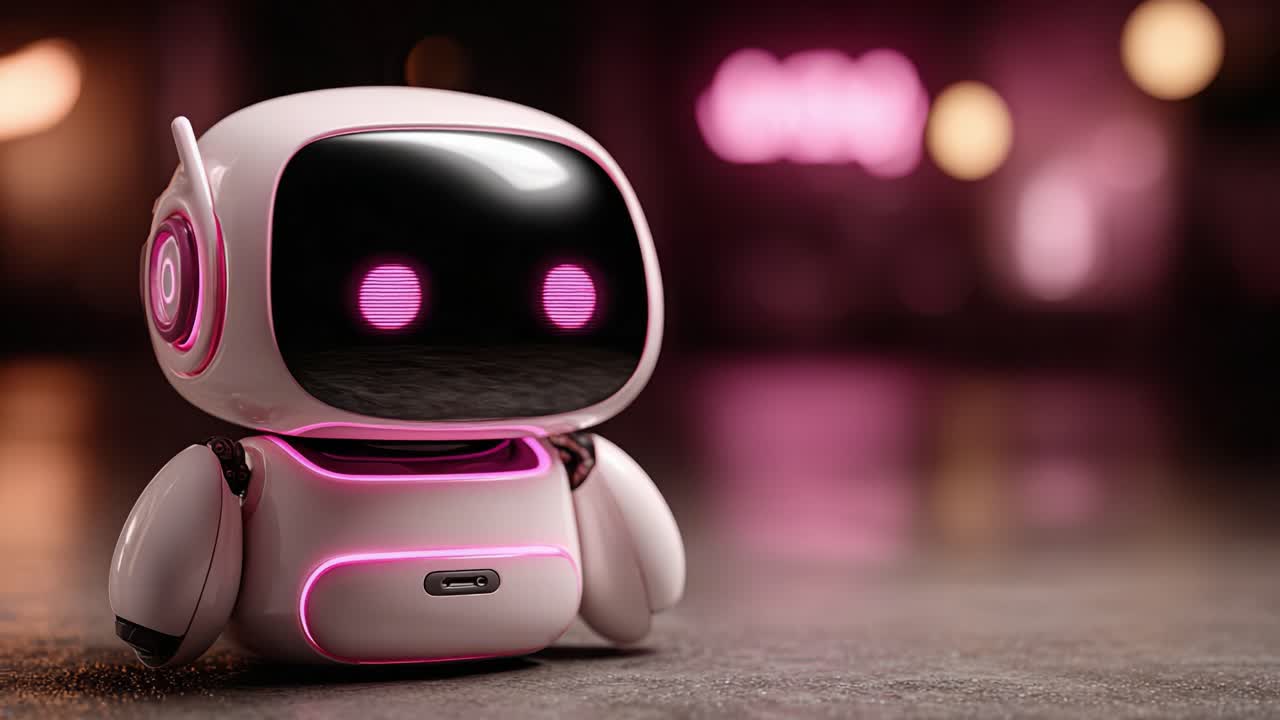 Un moderno compagno robotico con accenti rosa luminosi, che mostra un design avanzato in un ambiente futuristico, incarnando l'essenza della tecnologia e dell'innovazione