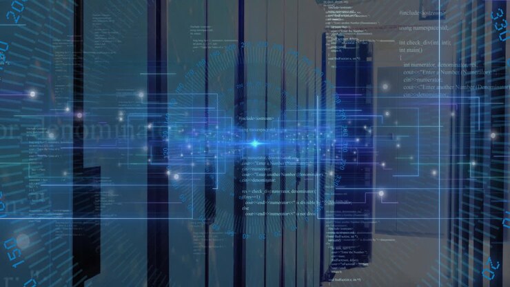 Animation of data processing with neon shapes over server room