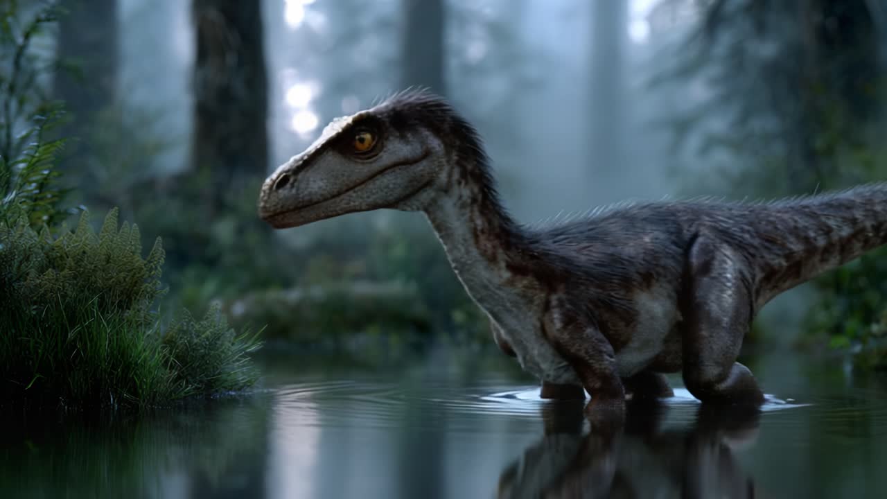 Un Velociraptor realistico in una foresta nebbiosa: esplorando il terreno e l'habitat di un predatore del Cretaceo in una rappresentazione di arte digitale.
