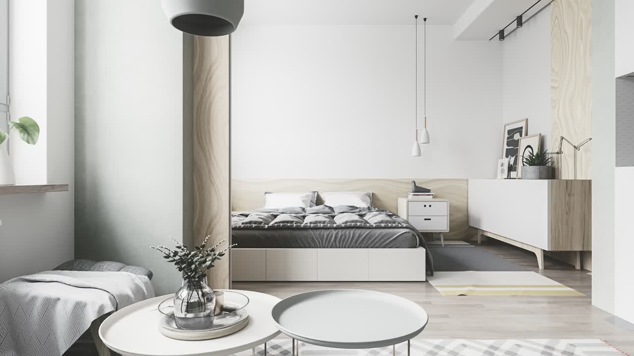 Interno di camera da letto in stile scandinavo con letto, pareti bianche e pannelli in legno
