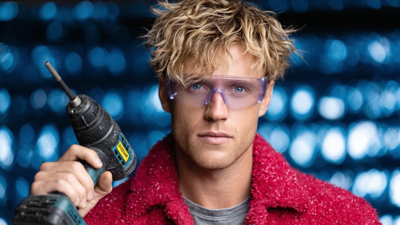 A young man with tousled blond hair and protective eyewear confidently holds a power drill against a vibrant blue bokeh background, showcasing a blend of style and utility
