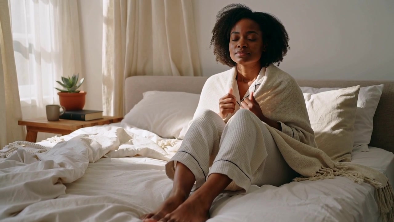 Wrapping woman in pajamas responding to sunlight, pulling shawl over shoulders on bed, seeking calm