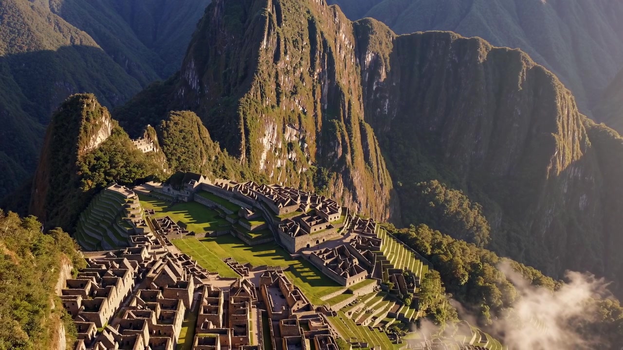 Vista aerea delle rovine di Machu Picchu in Perù all'alba