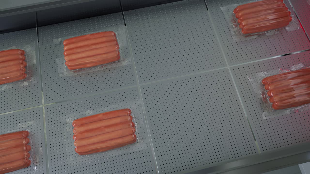 Sausage Production, Packaged Sausage Trays On A Conveyor Belt In A Factory