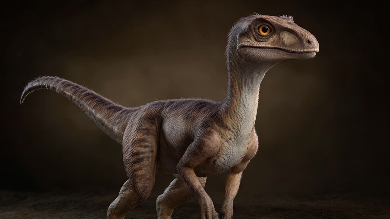 Una vista accattivante di un modello realistico di Velociraptor in un ambiente scuro e suggestivo, che mostra caratteristiche dettagliate e una posa dinamica per gli appassionati di dinosauri