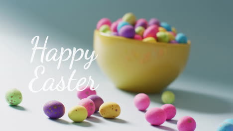 animation of happy easter text over colourful easter eggs in bowl on blue background