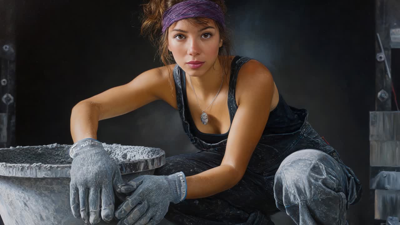 A young woman focused on her craftsmanship is seen manipulating materials in a construction setting, demonstrating skill, determination, and artistic blending of the raw elements in her work environment
