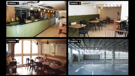 Four-security-camera-views-of-hotel-reception,-cafe,-restaurant-interiors-and-carpark,-slow-motion