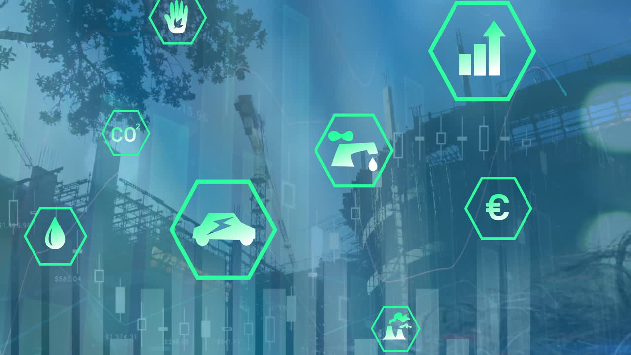 하늘을 대비하여 나무와 건설 중인 건물 위에 여러 그래프와 아이콘의 애니메이션