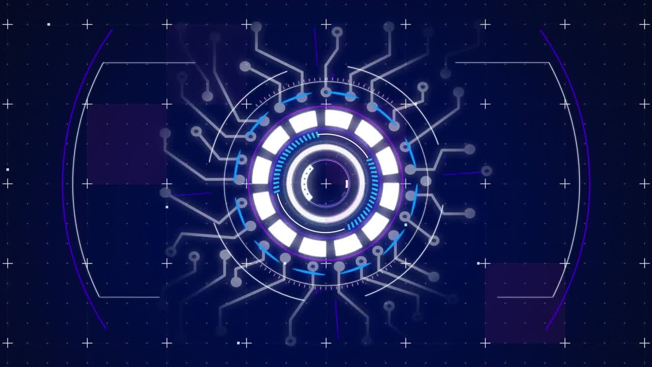 Animation of digital screen with diverse data, purple stain and processing circle