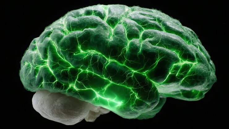 Uma visualização impressionante do cérebro humano com padrões verdes iluminados e faíscas elétricas representando a atividade neural e a funcionalidade cerebral