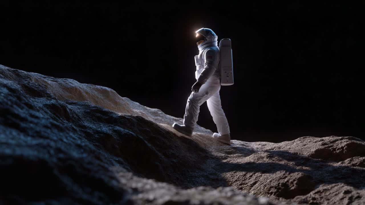 An astronaut explores the surface of a distant celestial body, highlighting the solitude and wonder of space exploration against a dark cosmic backdrop