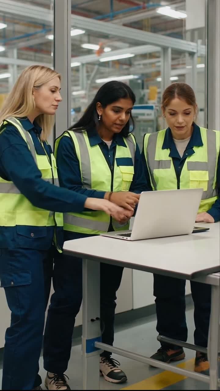 Team of Female Engineers Collaborating with a Laptop in a Factory