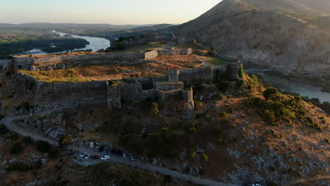 cinematic aerial shot at sunset of rozafa's shkoder castle