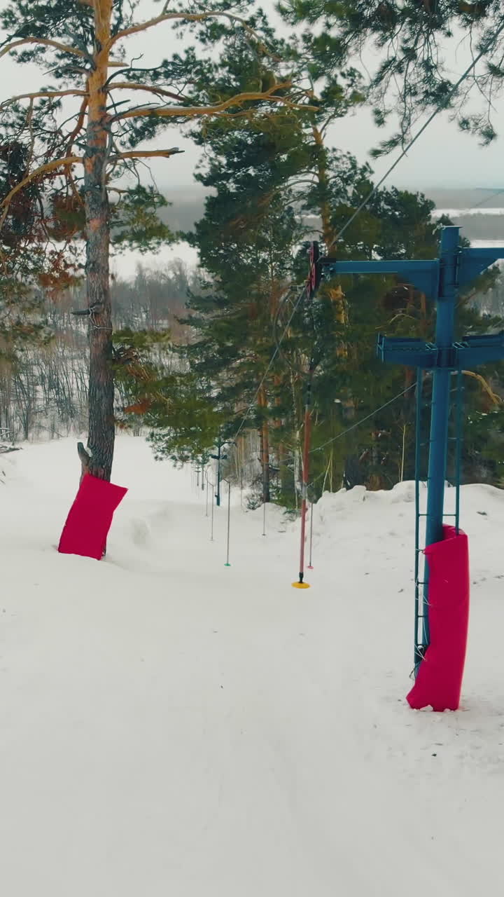 motion along surface lift poma with sticks at ski resort on snowy hills with protection cover on pine trees at snowfall