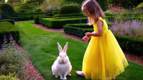 girl in yellow dress with a rabbit in a garden