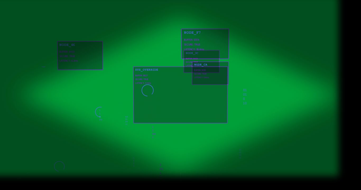 On SYS_OVERRIDE HUD floating arcs rotating digits pulsing showing status background transparent