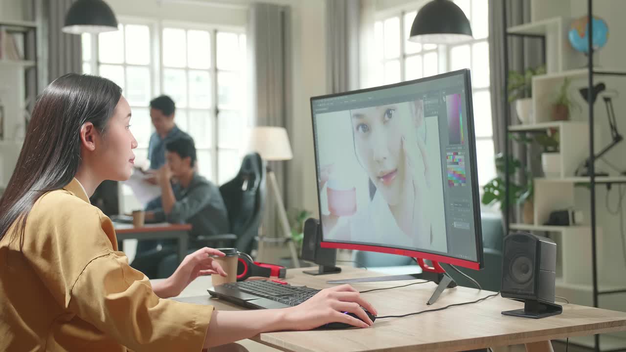 Asian Female Digital Editor Drinking Coffee While Works In Photo Editing Software On Her Personal Computer With Big Display In Office