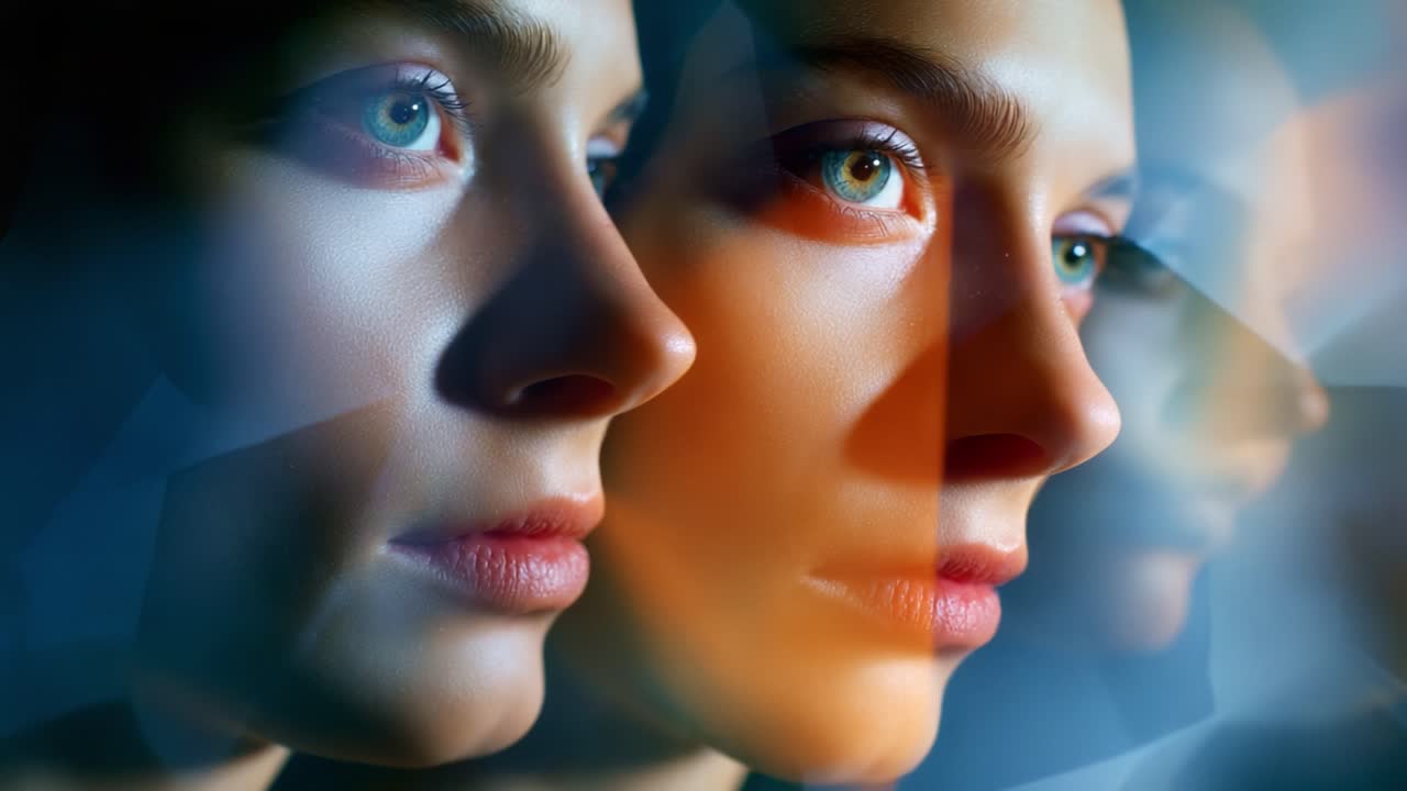 A Stunning Exploration of Duality: An Artistic Representation of the Human Face Through Multilayered Perspectives and Reflections in Ethereal Colors and Shapes