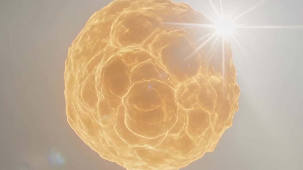 Zoom della telecamera, sfera ambrata in rotazione che mostra sacche fuse in studio con un bagliore dell'obiettivo in alto a destra.
