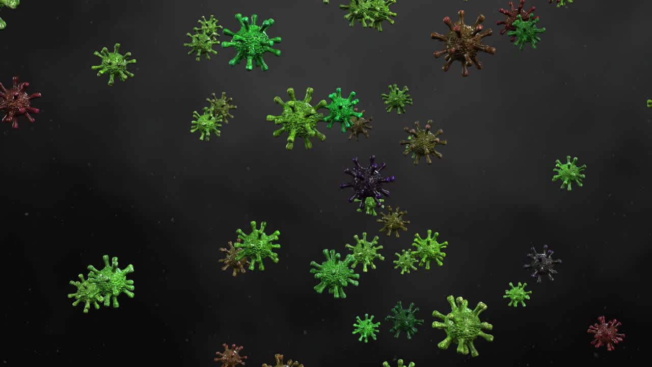 Virus verdi, o coronavirus, che pulsano, si muovono in modo casuale e fluido con particelle su sfondo nero, concetto di animazione con rendering 3D
