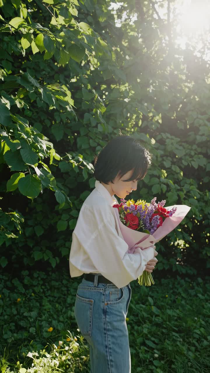 A serene video still of a person holding flowers, captured from a side angle, bathed in sunlight