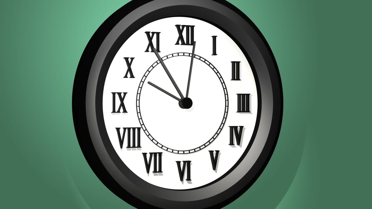 3d-анимация временных промежутков настенных часов с черной рамой. отражение света и тени на часовой площадке