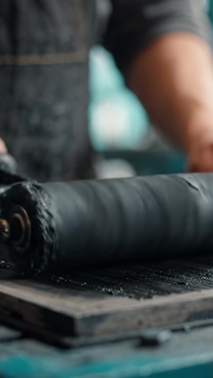 Artigiano al lavoro: creazione di texture con un rullo e inchiostro su legno, catturando le complessità della stampa d'arte in un ambiente di studio artigianale.