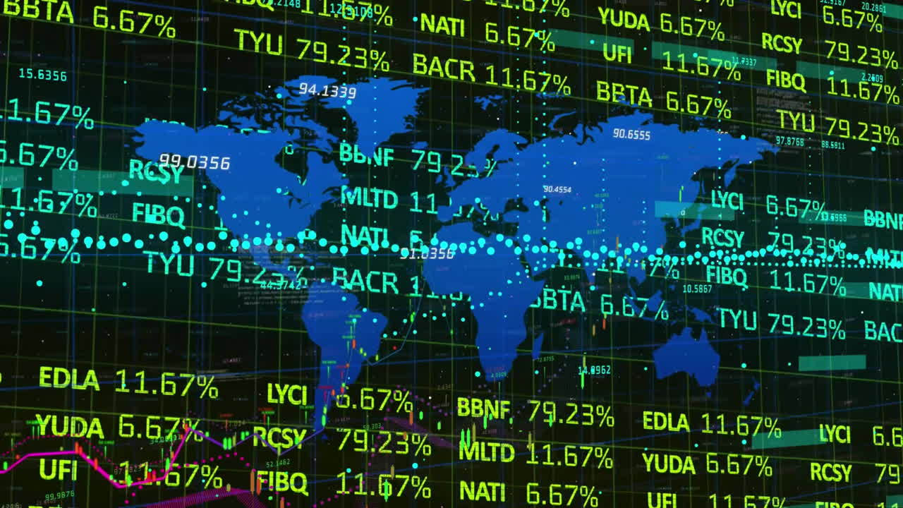 Animation of data processing over world map over dark background