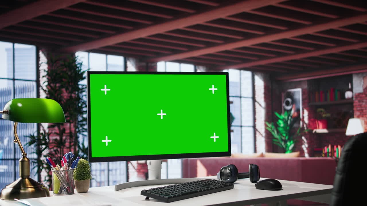 Modern home office featuring elegant desk with green screen display