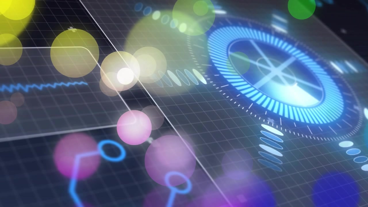 gauge and cyan waveform initiating drifting spheres and pulsing molecular lines for analytics