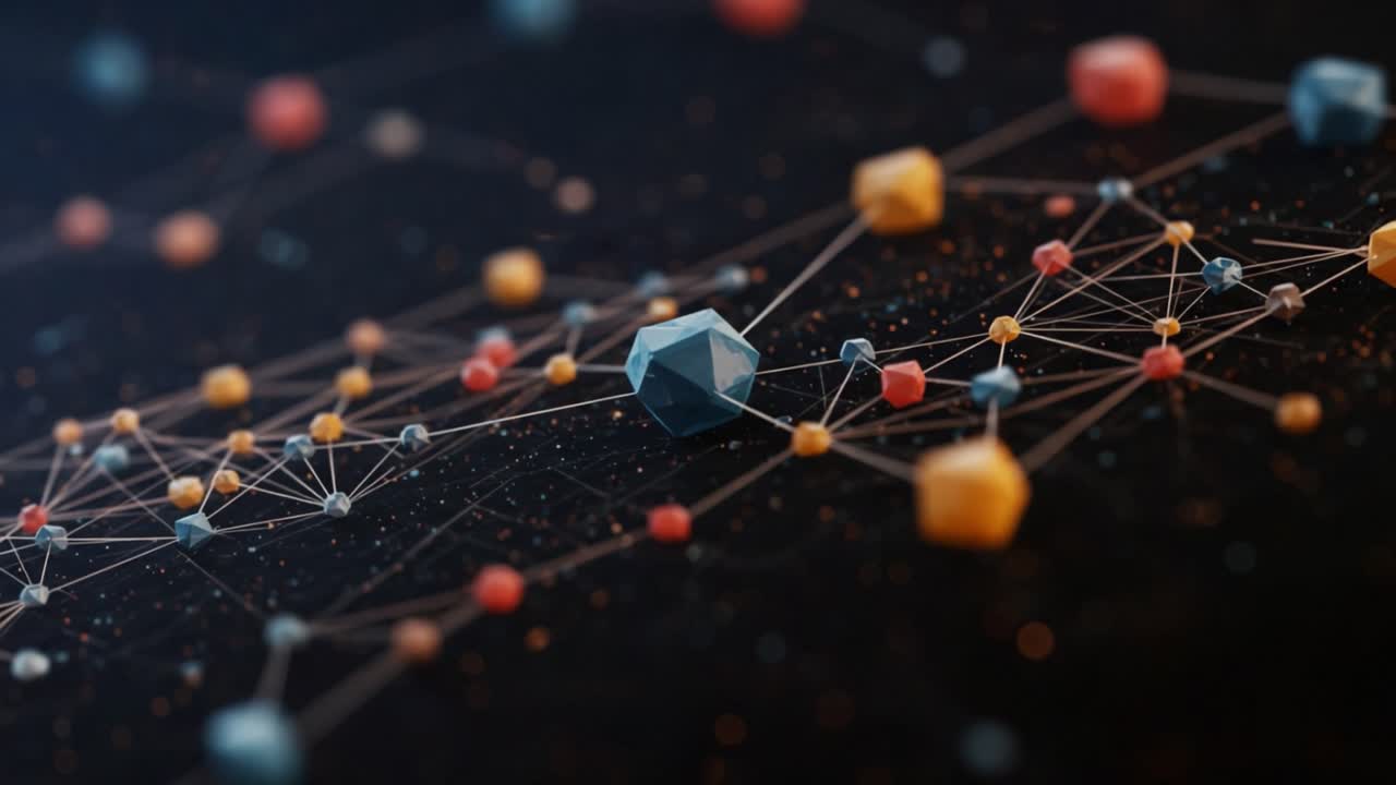 Dynamic Abstract Representation of Interconnected Geometric Shapes and Nodes on a Dark Background: Visualizing Complex Relationships and Structures