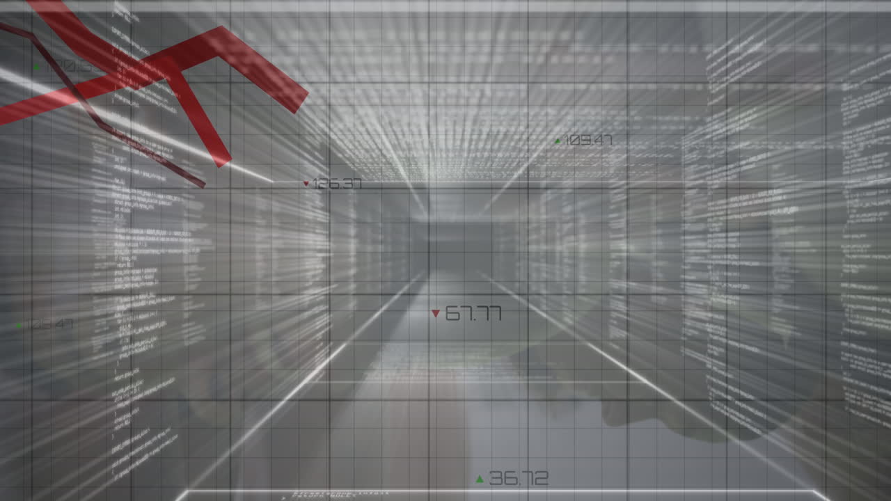 데이터 처리와 함께 여러 화면에 대해 그리드 네트워크를 통해 이동하는 빨간 그래프