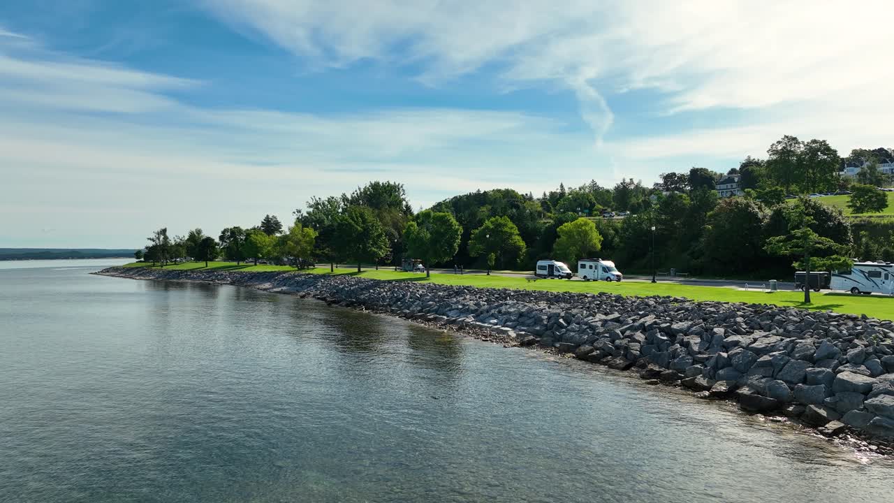 Static look from drone of the reinforced park shoreline along Lake Michigan in the northern part of the state