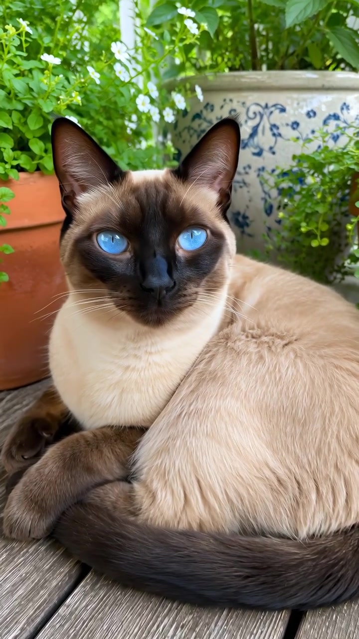 Gatto color crema a riposo con muso scuro e occhi blu, tiene la coda avvolta attorno al corpo, spostando lo sguardo verso la fotocamera accanto a fogliame verde, fiori bianchi e vasi da giardino in ceramica