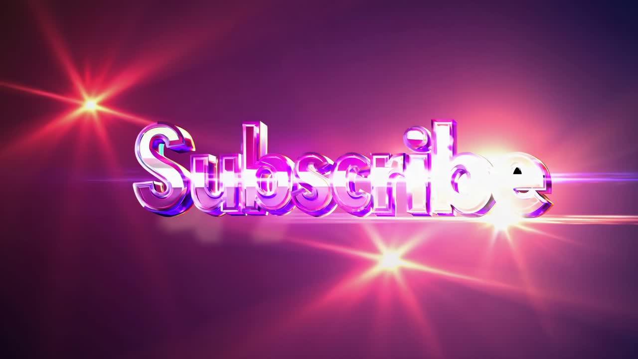Dynamic 3D 'Subscribe' text with colorful lens flares. Front-facing angle, perfect for video intros
