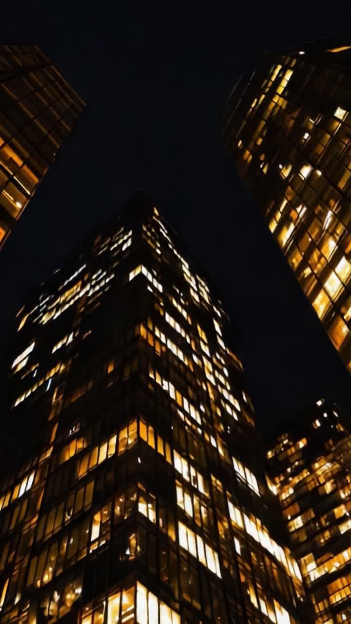 Uma vista cativante de arranha-céus iluminados à noite, exibindo arquitetura deslumbrante e vida urbana vibrante sob o céu estrelado.