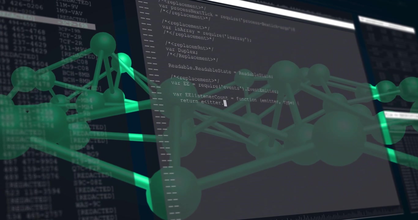 3D molecular model rotating as transparent code panel sliding in, revealing code for tech analysis