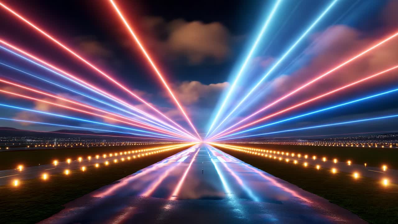 A mesmerizing display of vibrant laser lights cutting across the night sky, illuminating a reflective runway lined with glowing orbs, creating a stunning visual spectacle that captivates the senses