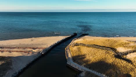 high aerial of the reinforced beach and tributary mouth