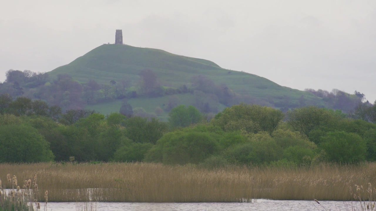 Glastonbury Tor ses resa sig över landsbygden i Somerset med vass och våtmark i förgrunden. Ikoniskt brittiskt landmärke fångat i mjukt naturligt ljus.