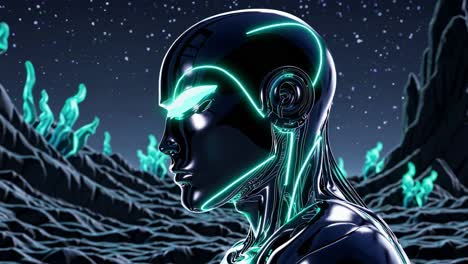 profile of a futuristic robot head in a sci-fi landscape