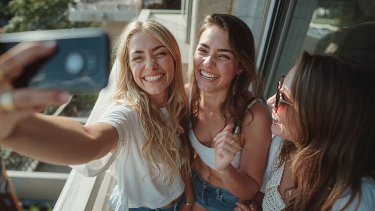 Bionda che allunga il braccio e tiene lo smartphone per inquadrare un selfie, mentre le donne ridono e posano sul balcone con gli occhiali da sole.