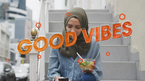 animation of text vibes over woman eating salad