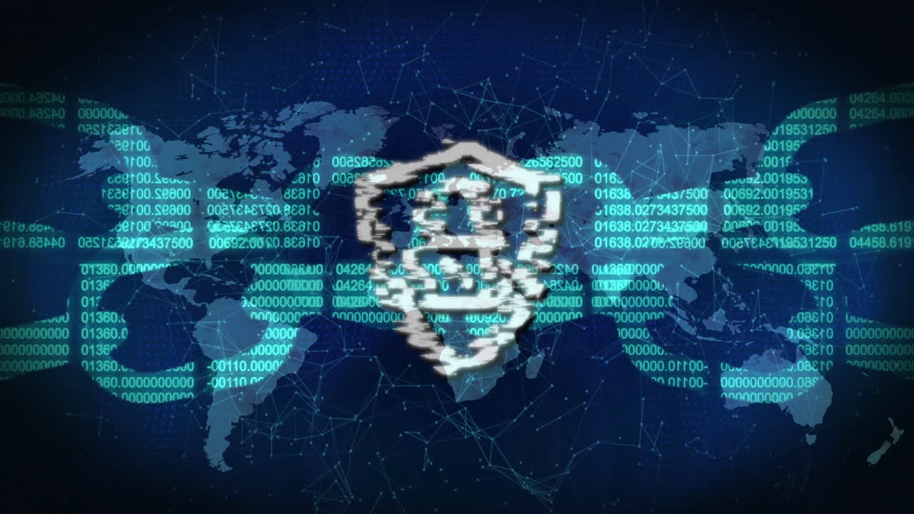 animación de icono de bloqueo y escudo sobre código binario y fondo del mapa del mundo
