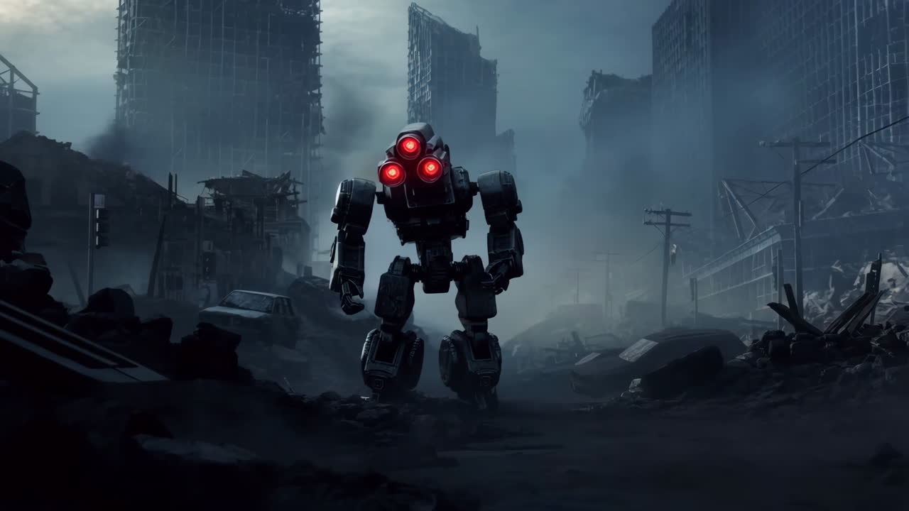 A Robot Stands in the Ruins of a Post-Apocalyptic City