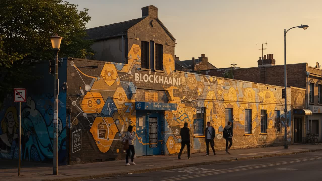 A Vibrant Sunset Scene Showcasing Urban Mural Art on a City Building with Pedestrians Walking by, Highlighting Creativity and Community Engagement in Public Spaces